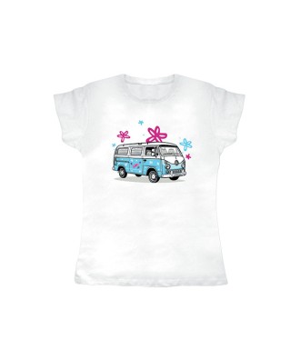T-shirt dame blanc love hippie bus